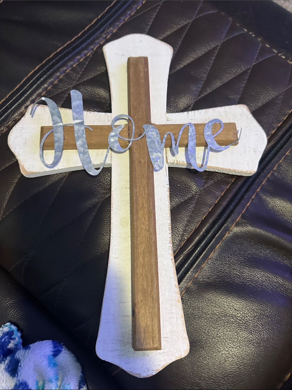 Rustic White and Brown Home Wall Cross with Silver 'Home' Accent